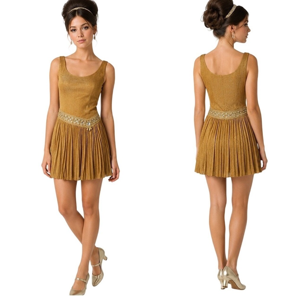 Vintage 60s Mod Dress Pleated Mini Gold Metallic Jr Theme ILGWU Gogo Party XS S